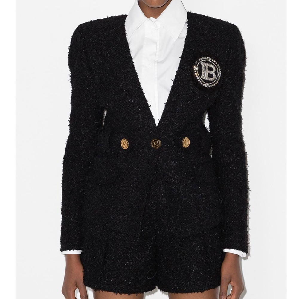 Balmain Tweed Patch Logo Blazer